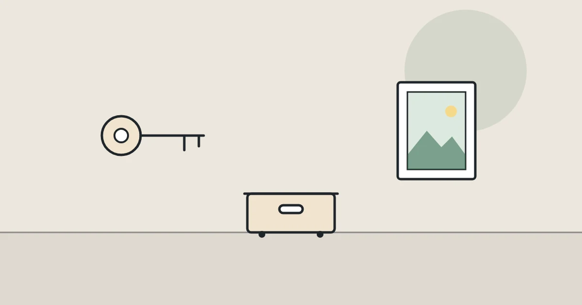 Illustration of a key, a storage box and a framed picture