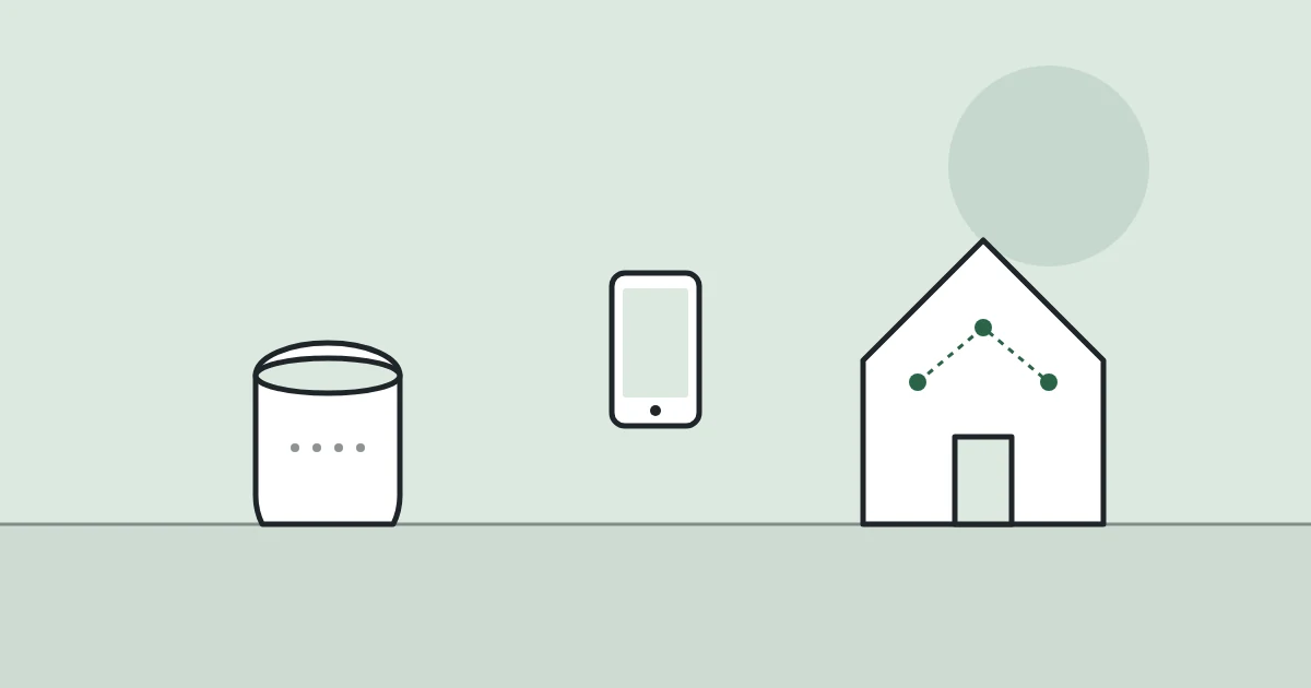 Illustration of a smart speaker, a phone and a connected home