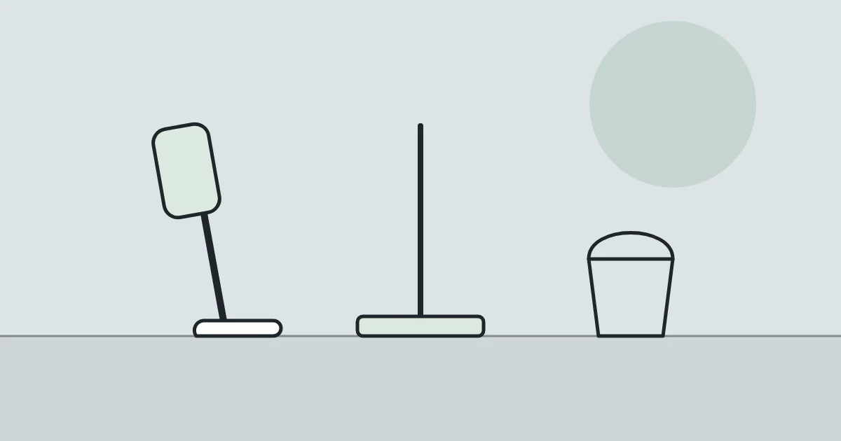 Illustration of a cordless stick vacuum, a flat mop and a bucket