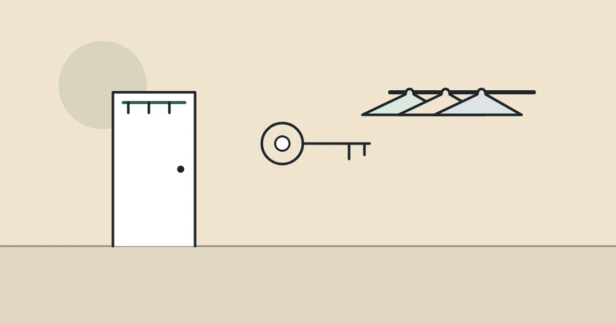 Illustration of a door with hooks, a key and clothes hangers on a rail