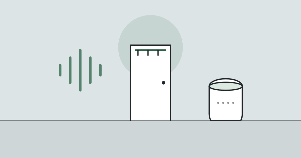 Illustration of sound waves, a door with hooks and a smart speaker