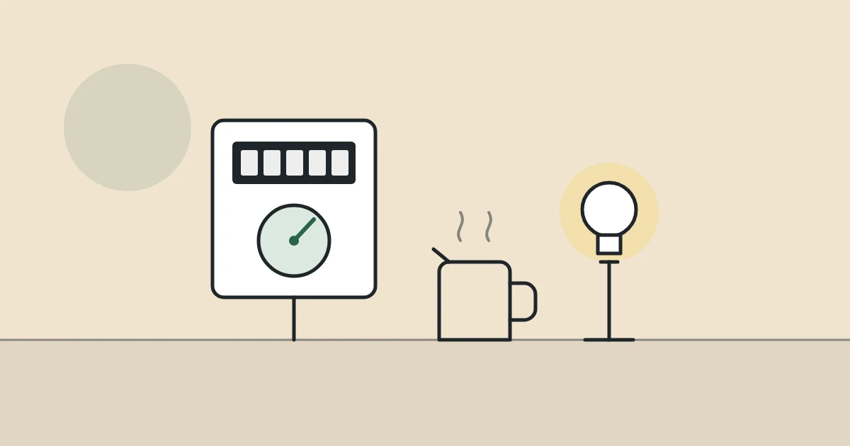 Illustration of an electricity meter beside a kettle, a lamp and a heater