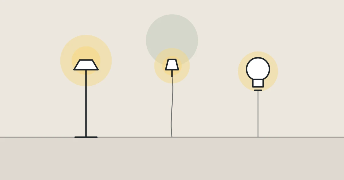 Illustration of a floor lamp, a plug-in wall light and a light bulb