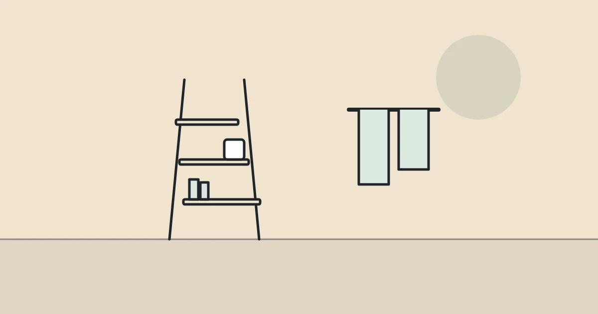 Illustration of a ladder shelf and towels on a rail