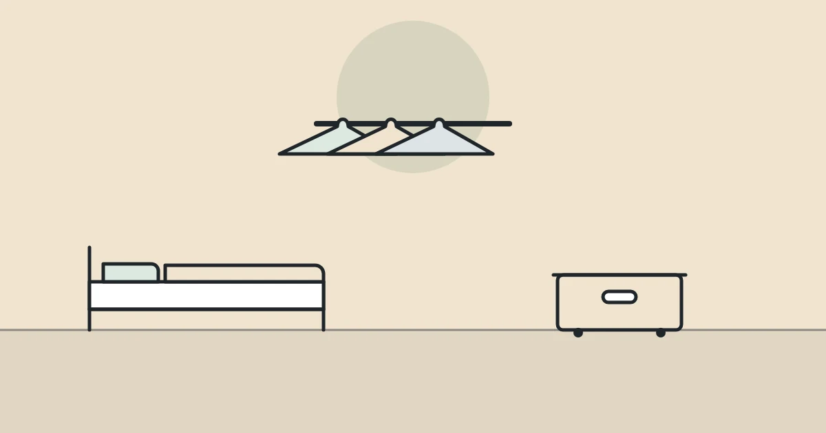 Illustration of a bed, clothes hangers on a rail and a storage box