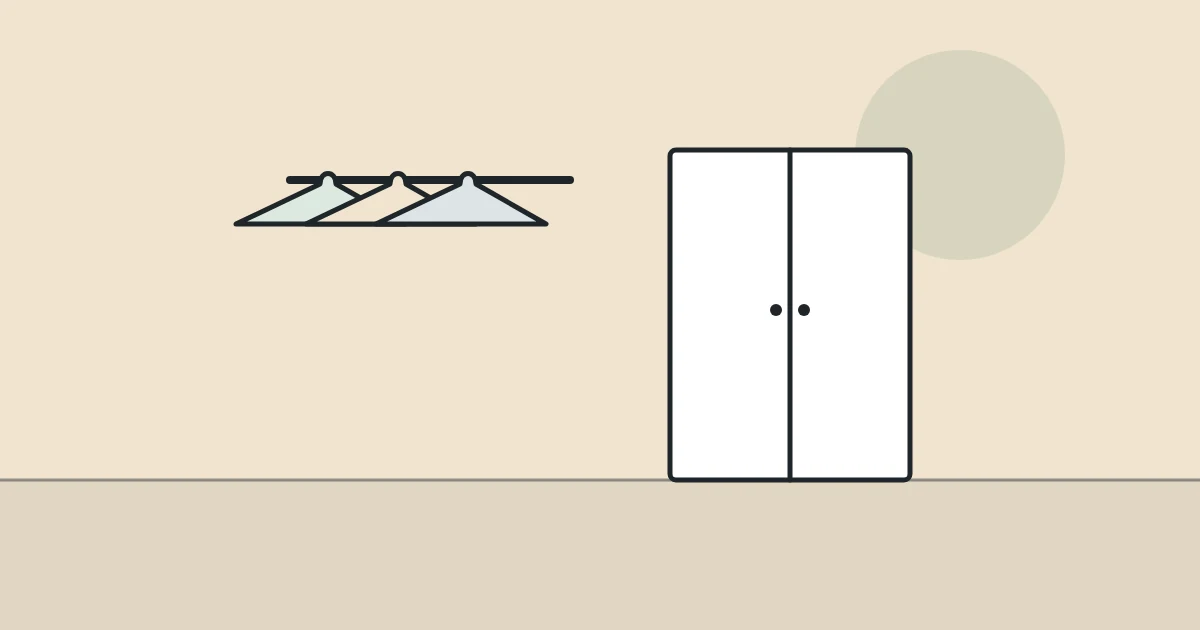 Illustration of clothes hangers on a rail and a wardrobe