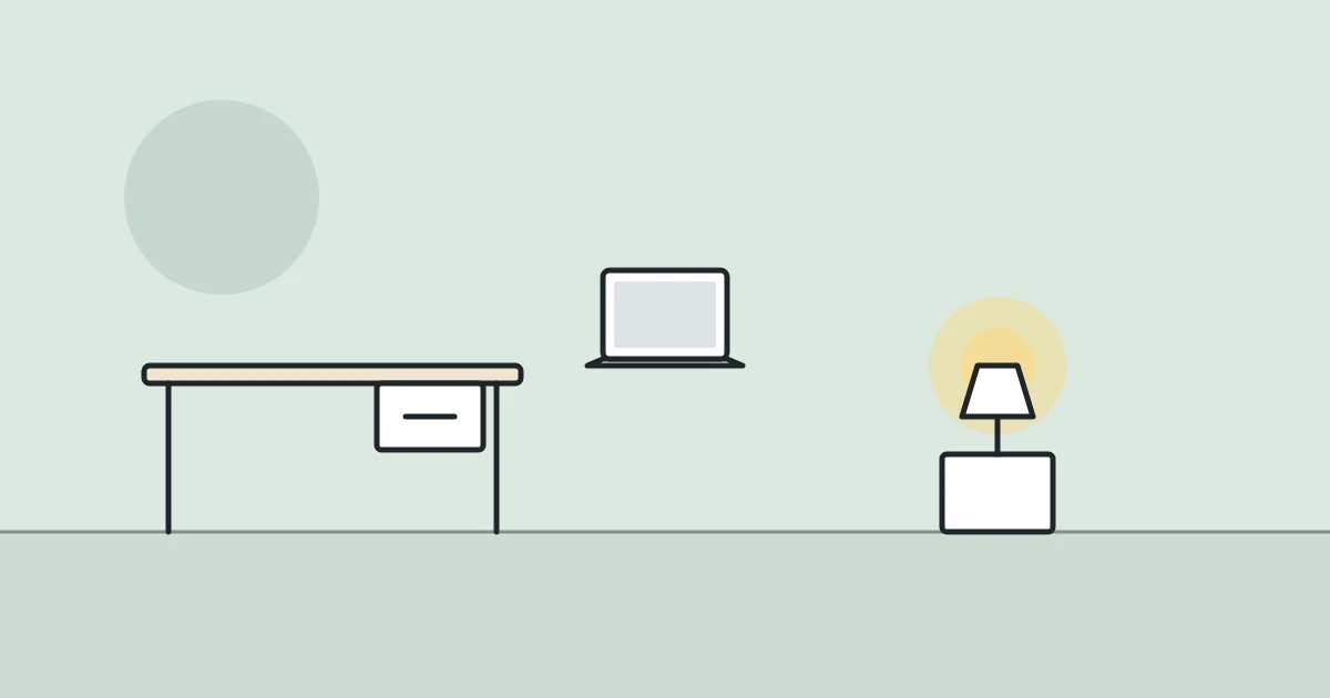 Illustration of a compact desk, a laptop and a table lamp