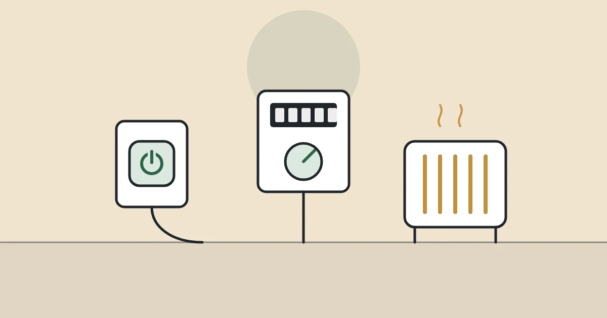 Illustration of a smart plug, an electricity meter and a space heater