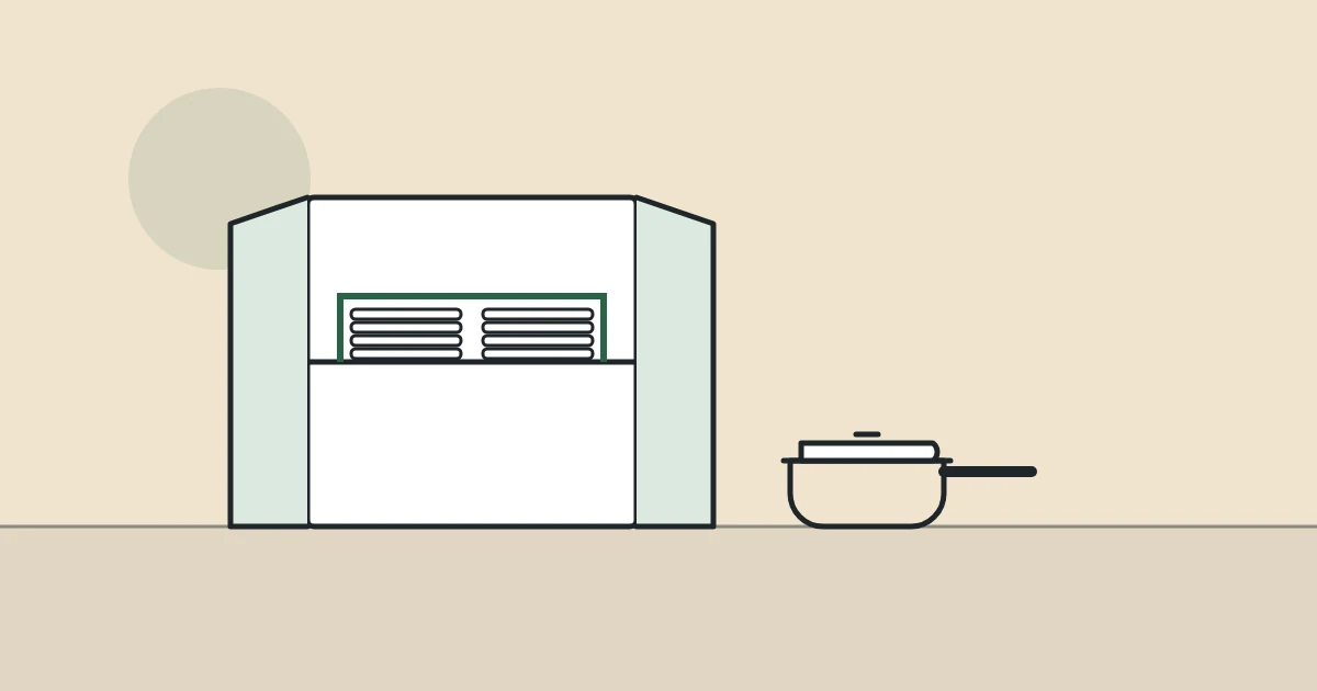 Illustration of an open cupboard with a shelf riser and a pan and lid