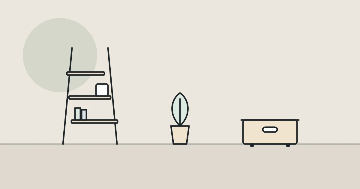 Illustration of a ladder shelf, a plant and a storage box