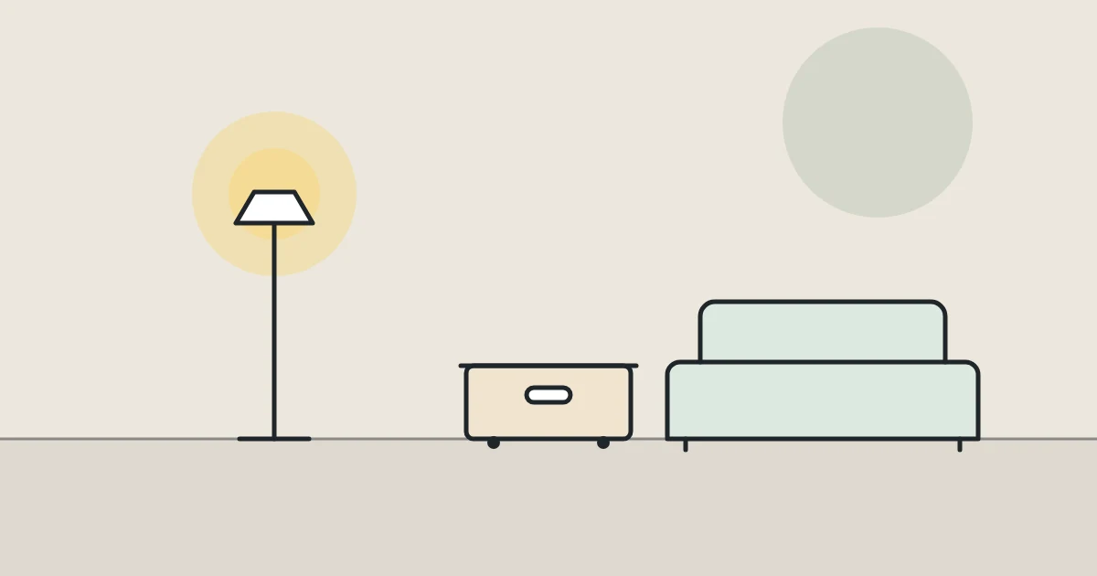 Illustration of a floor lamp, a storage box and a sofa