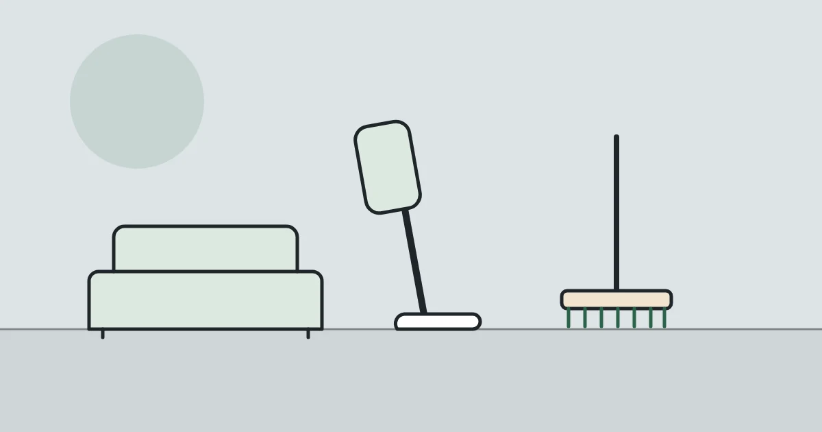 Illustration of a sofa, a cordless stick vacuum and a rubber broom