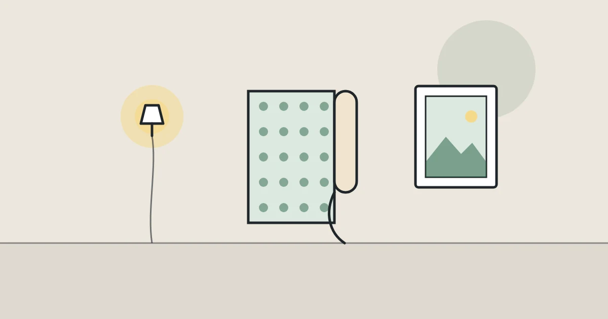 Illustration of a plug-in wall light, a roll of wallpaper and a framed picture