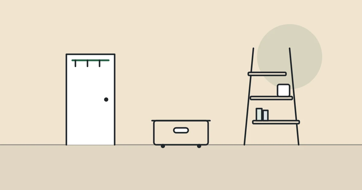 Illustration of a door with hooks, a storage box and a ladder shelf