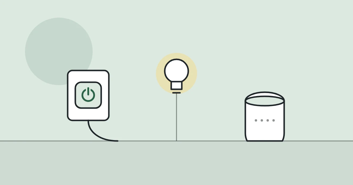 Illustration of a smart plug, a light bulb and a smart speaker
