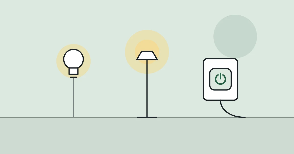 Illustration of a light bulb, a floor lamp and a smart plug