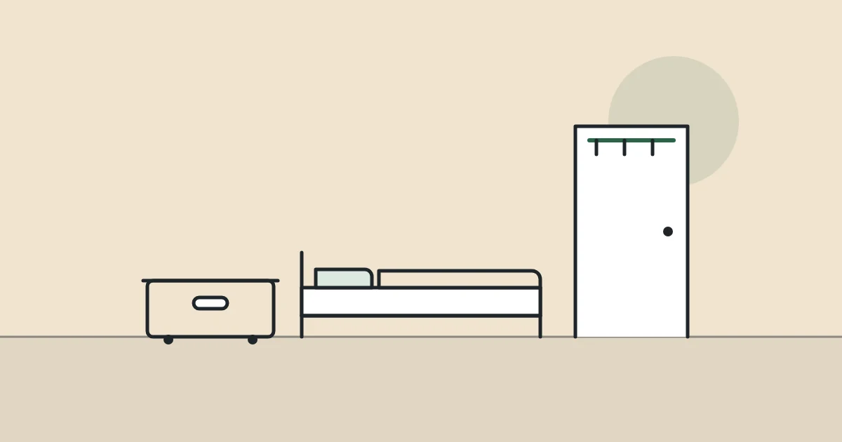 Illustration of a storage box, a bed and a door with hooks