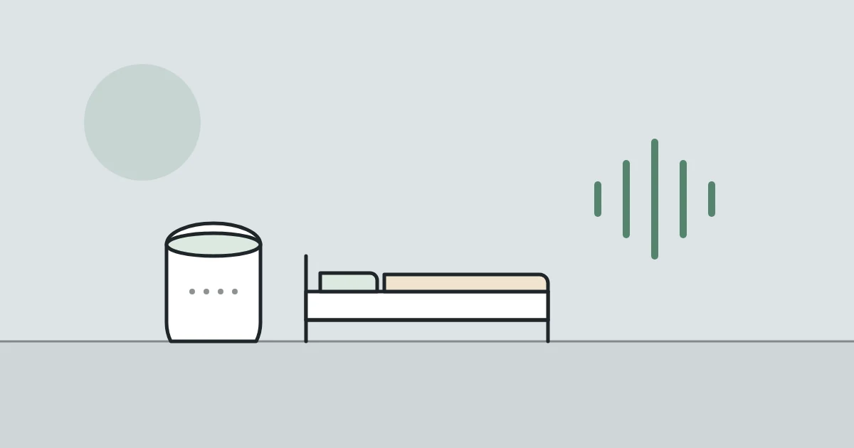 Illustration of a smart speaker, a bed and sound waves