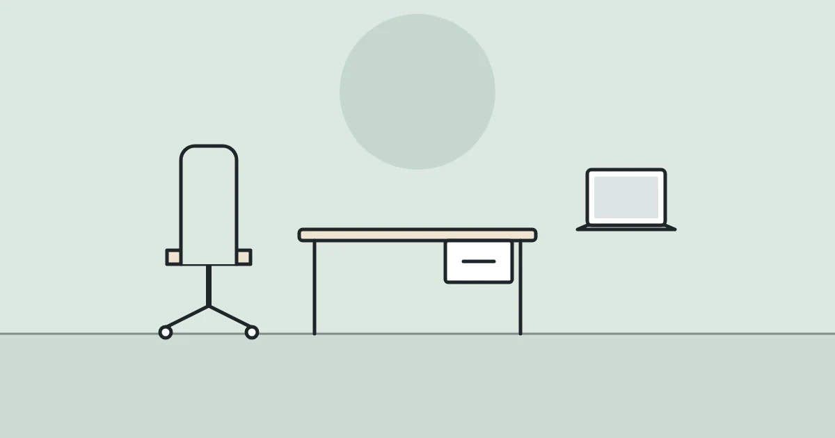 Illustration of an office chair, a compact desk and a laptop