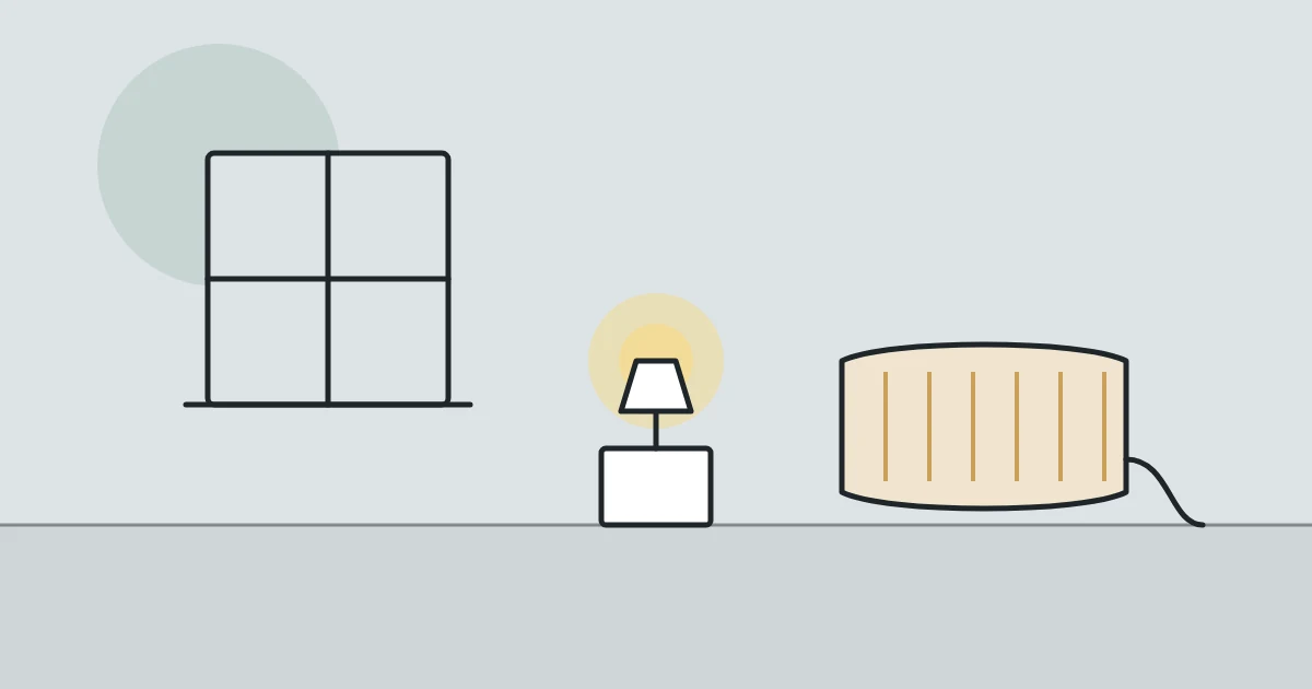 Illustration of a window, a table lamp and a heated blanket