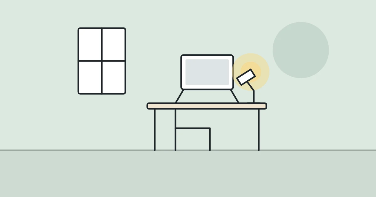 Illustration of a compact desk with a raised laptop and a lamp in the corner of a bedroom