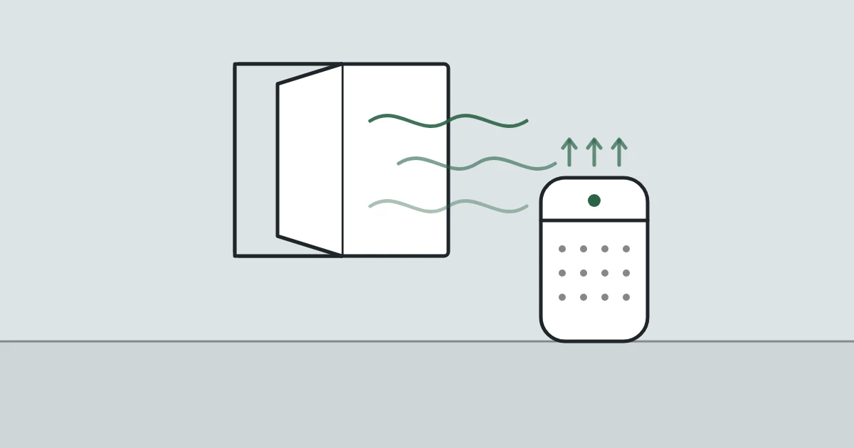 Illustration of an open window and an air purifier in a bedroom