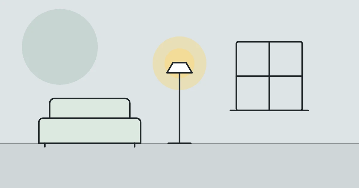 Illustration of a sofa, a floor lamp and a window