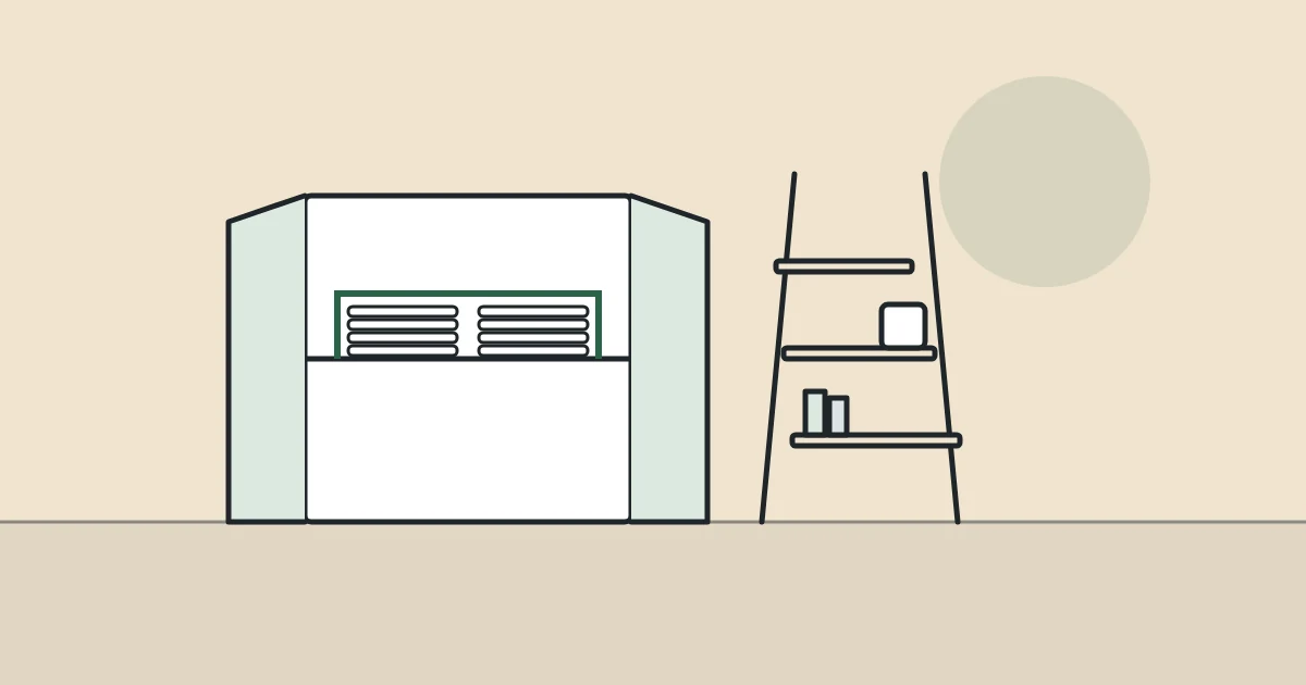 Illustration of an open cupboard with a shelf riser and a ladder shelf