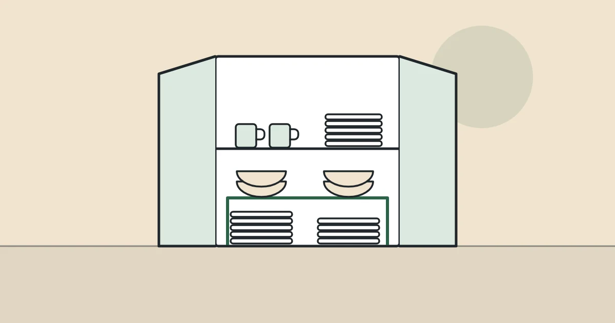 Illustration of an open kitchen cupboard with plates and bowls on a shelf riser