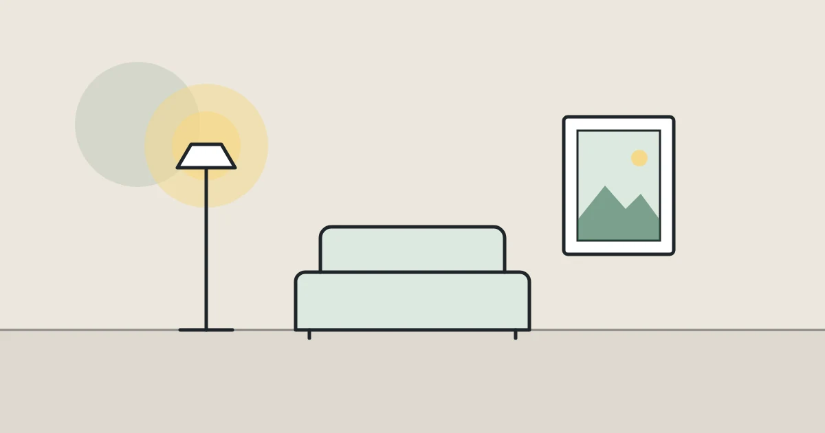 Illustration of a floor lamp, a sofa and a framed picture