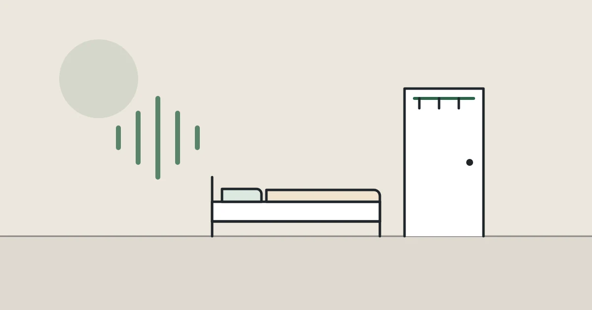 Illustration of sound waves, a bed and a door with hooks