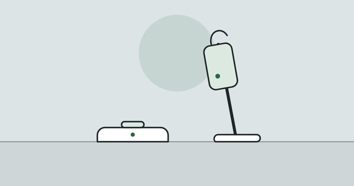 Illustration of a robot vacuum and a cordless stick vacuum side by side on a floor