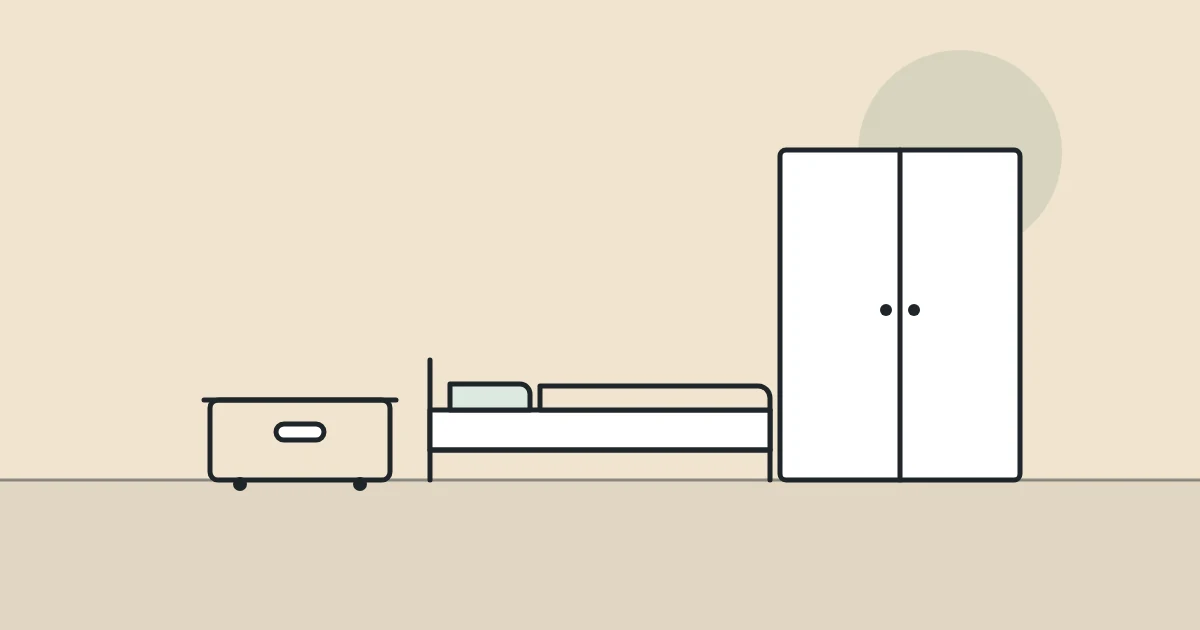 Illustration of a storage box, a bed and a wardrobe