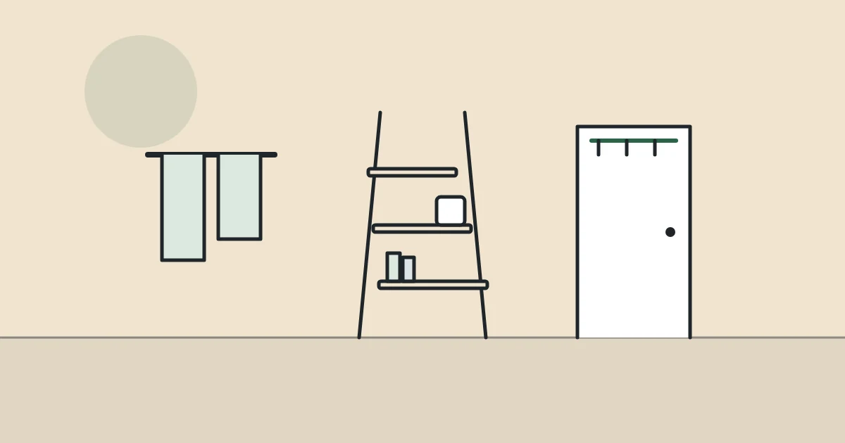 Illustration of towels on a rail, a ladder shelf and a door with hooks