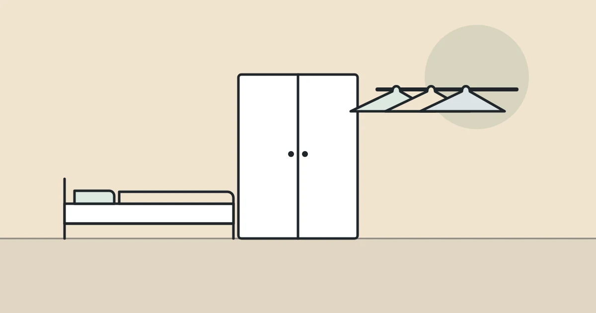 Illustration of a bed, a wardrobe and clothes hangers on a rail