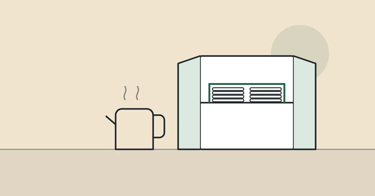Illustration of a kettle and an open cupboard with a shelf riser