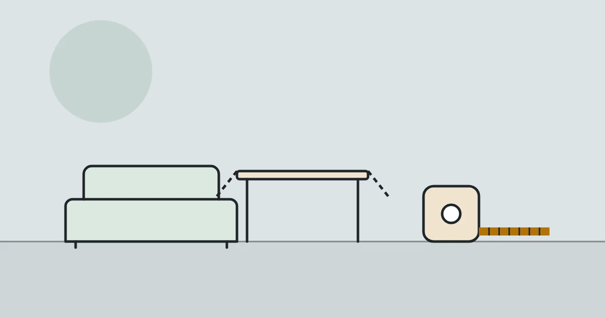 Illustration of a sofa, a drop-leaf table and a tape measure