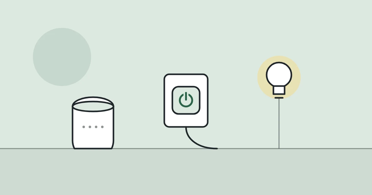 Illustration of a smart speaker, a smart plug and a light bulb