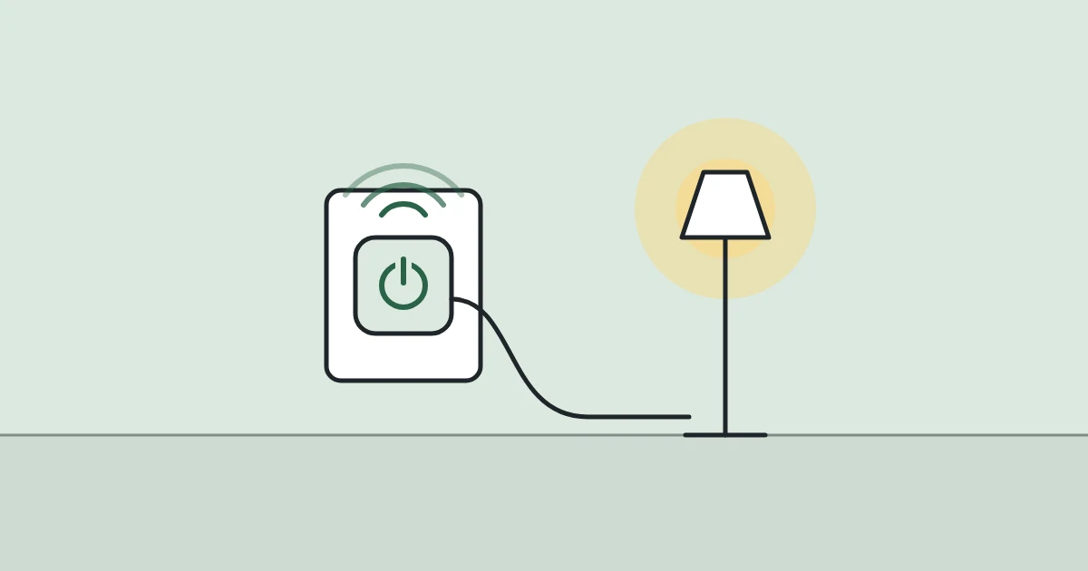 Illustration of a smart plug in a wall socket with a lamp plugged into it