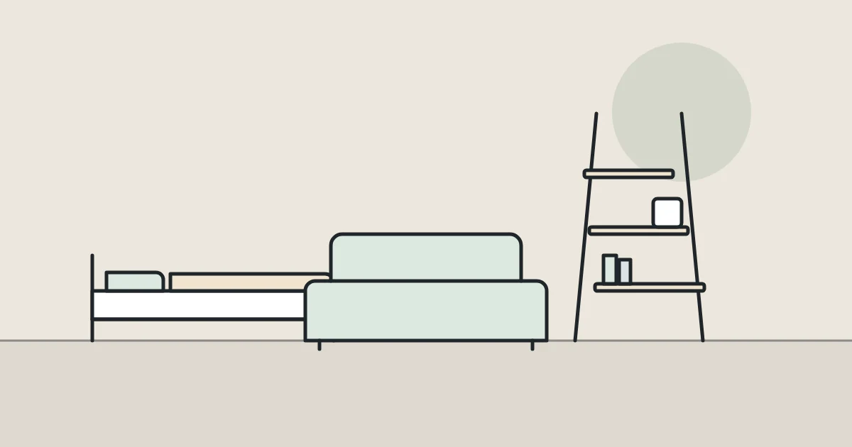 Illustration of a bed, a sofa and a ladder shelf