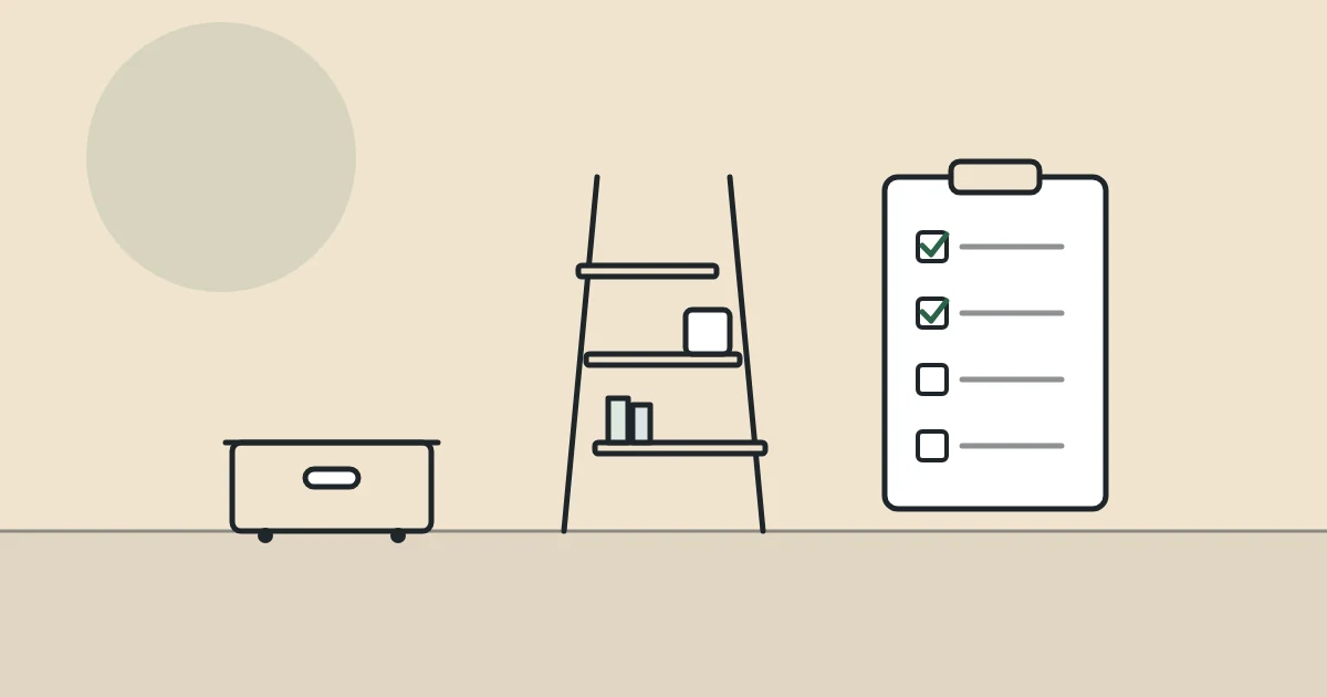 Illustration of a storage box, a ladder shelf and a checklist