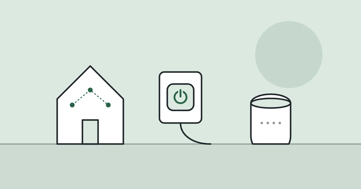 Illustration of a connected home, a smart plug and a smart speaker