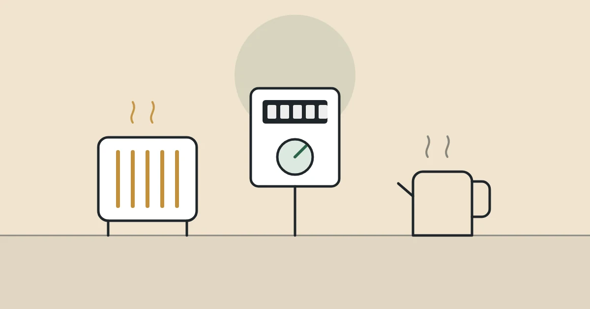 Illustration of a space heater, an electricity meter and a kettle