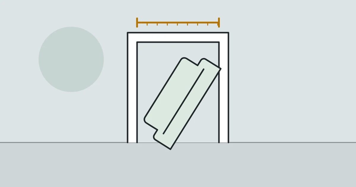 Illustration of a sofa tilted through a doorway with a tape measure across the opening
