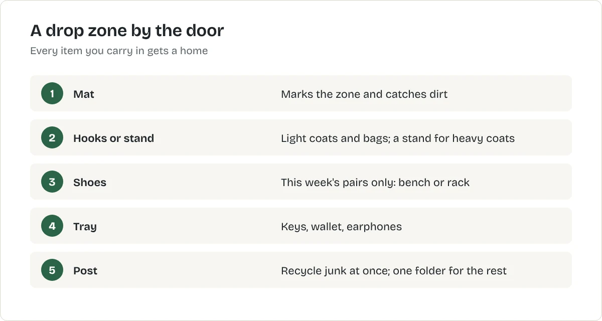 A drop zone by the door. Mat: Marks the zone and catches dirt. Hooks or stand: Light coats and bags; a stand for heavy coats. Shoes: This week's pairs only: bench or rack. Tray: Keys, wallet, earphones. Post: Recycle junk at once; one folder for the rest