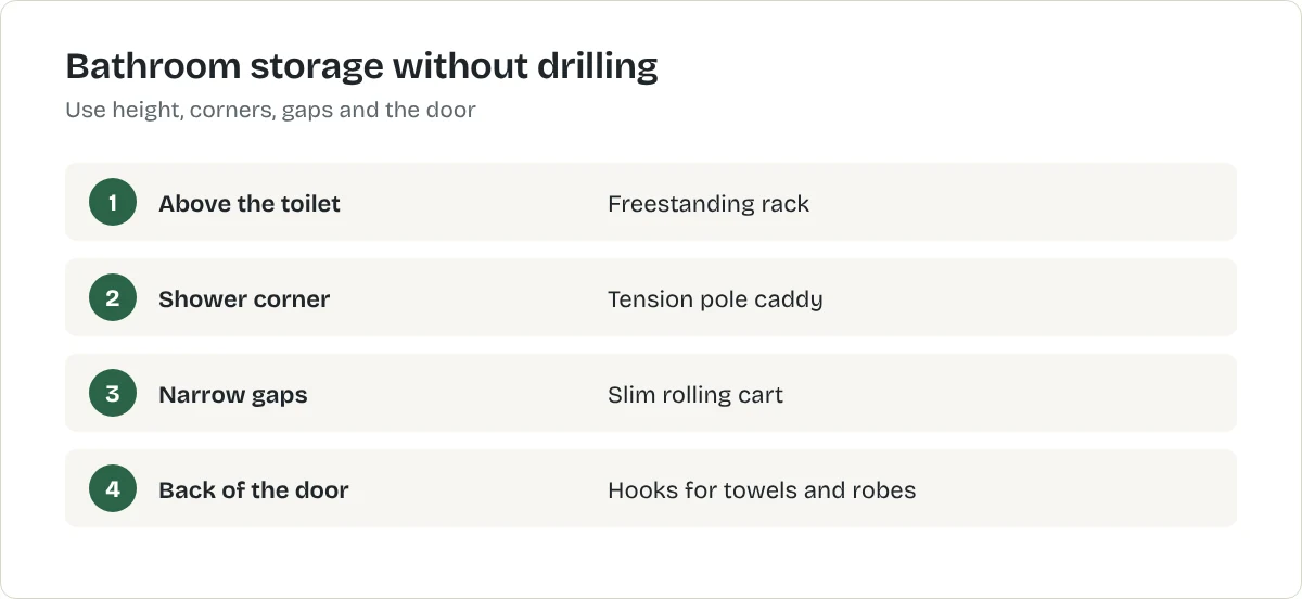 Bathroom storage without drilling. Above the toilet: Freestanding rack. Shower corner: Tension pole caddy. Narrow gaps: Slim rolling cart. Back of the door: Hooks for towels and robes