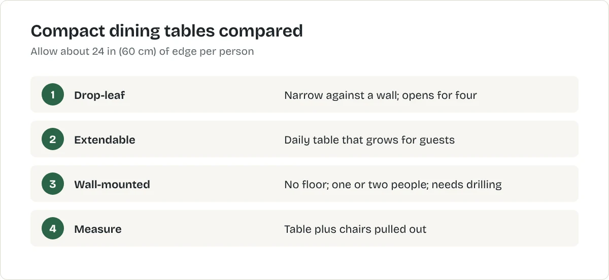 Compact dining tables compared. Drop-leaf: Narrow against a wall; opens for four. Extendable: Daily table that grows for guests. Wall-mounted: No floor; one or two people; needs drilling. Measure: Table plus chairs pulled out