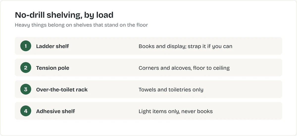 No-drill shelving, by load. Ladder shelf: Books and display; strap it if you can. Tension pole: Corners and alcoves, floor to ceiling. Over-the-toilet rack: Towels and toiletries only. Adhesive shelf: Light items only, never books