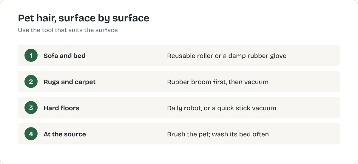 Pet hair, surface by surface. Sofa and bed: Reusable roller or a damp rubber glove. Rugs and carpet: Rubber broom first, then vacuum. Hard floors: Daily robot, or a quick stick vacuum. At the source: Brush the pet; wash its bed often