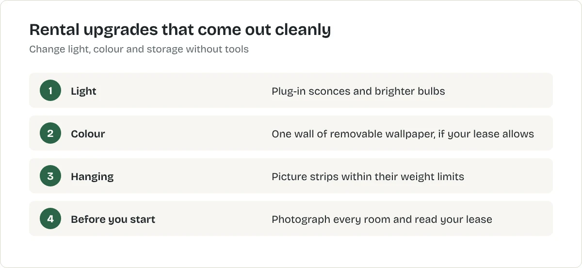 Rental upgrades that come out cleanly. Light: Plug-in sconces and brighter bulbs. Colour: One wall of removable wallpaper, if your lease allows. Hanging: Picture strips within their weight limits. Before you start: Photograph every room and read your lease